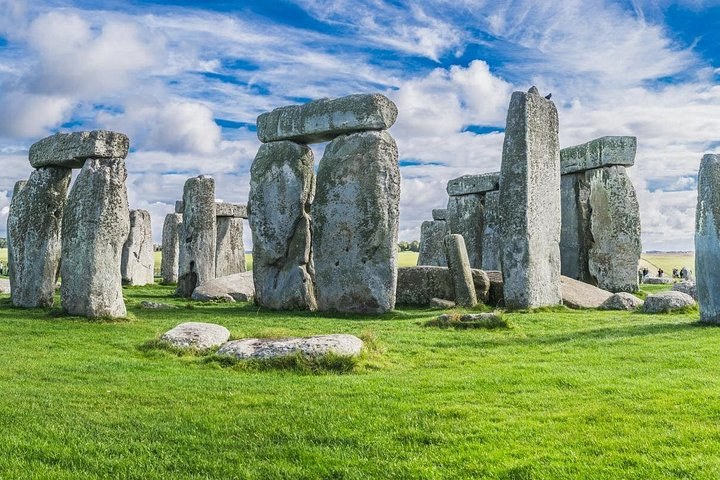 The Stonehenge stone circle on Salisbury Plain under an open sky