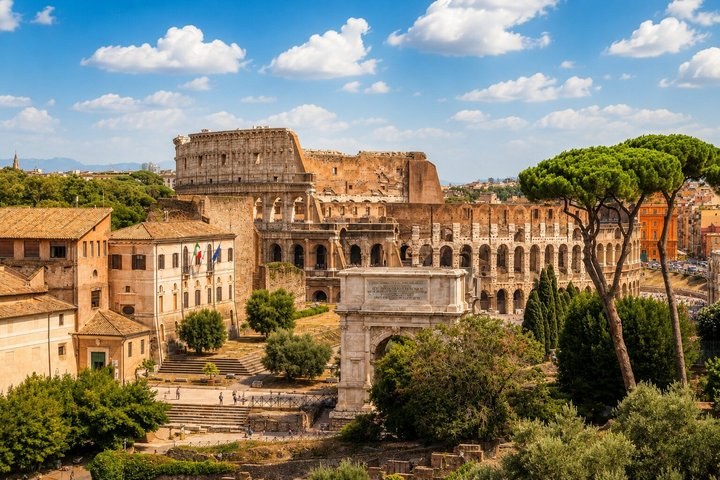 Looking down into the underground passages beneath the Colosseum arena in Rome