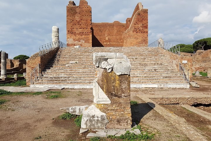 Excavated brick streets and ruined buildings at Ostia Antica, the ancient port city of Rome