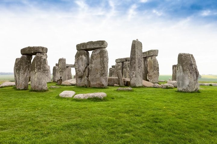The sarsen stones of Stonehenge under a grey Wiltshire sky