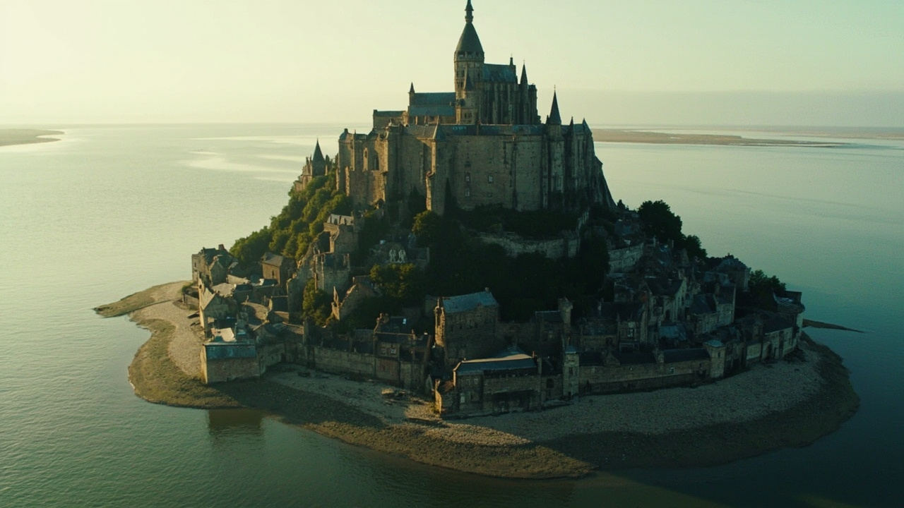 Mont-Saint-Michel medieval abbey on a tidal island at high tide, Normandy coast